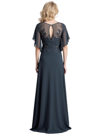 Chic Dark-Navy Chiffon Flutter Sleeves Embroidered Mother of the Groom Dress | Flowy Long Formal Gown, SFM015