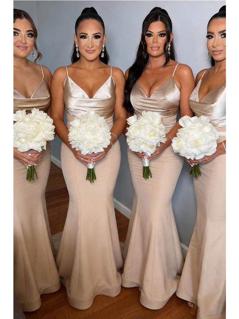 Sexy Spaghetti Straps Sleeveless Floor-Length Mermaid Crepe Maxi Mermaid Bridesmaid Dresses, BD3408