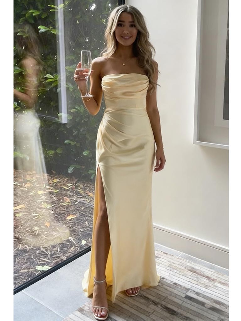 Butter Yellow Strapless Satin Prom Gown, Ruched Bodycon Dress with Side Slit, PD4134