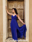 Sexy Royal-Blue Spaghetti Straps V-Neck Sleeveless Criss Cross Side Slit A-Line Long Prom Dresses, PD3742