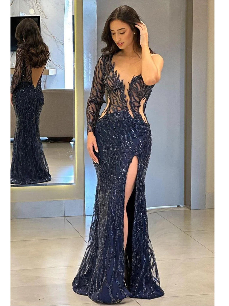 Sexy One Shoulder Long Sleeves Beaded Mermaid Maxi Prom Dress Wedding Party Dress, PD4042