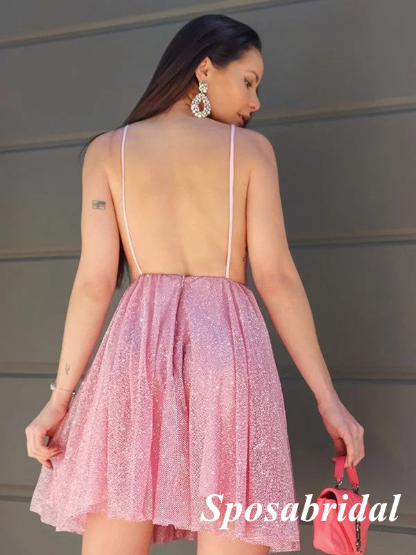 Sexy Tulle Spaghetti Straps V-Neck Backless A-Line Mini Dresses/ Homecoming Dresses, PD3576