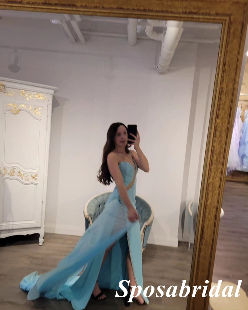 Sexy One Shoulder Sleeveless Side Slit Mermaid Floor Length Long Prom Dresses, PD3983