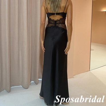 Sexy Soft Satin And Lace Spaghetti Straps V-Neck Sleeveless Mermaid Long Prom Dresses, PD3916