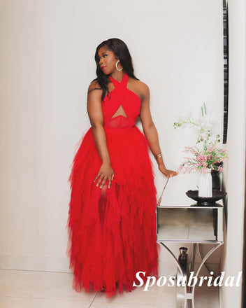 Sexy Red Tulle Halter Side Slit  A-Line Long Prom Dresses, PD3852