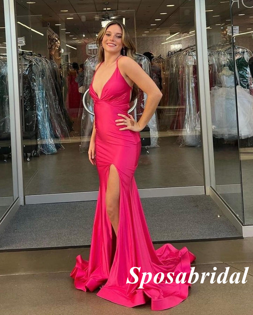 Sexy Fuchsia Spaghetti Straos V-Neck Side Slit Mermaid Long Prom Dresses , PD3811