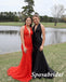 Sexy Black Soft Satin Halter V-Neck Sleeveless Side Slit Mermaid Long Prom Dresses, PD3848