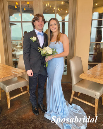 Sexy Soft Satin Blue Sweetheart Sleeveless Mermaid Long Prom Dresses, PD3934