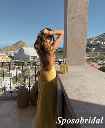 Sexy Gold Soft Satin One Shoulder Sleeveless Open Back Mermaid Long Prom Dresses, PD3855