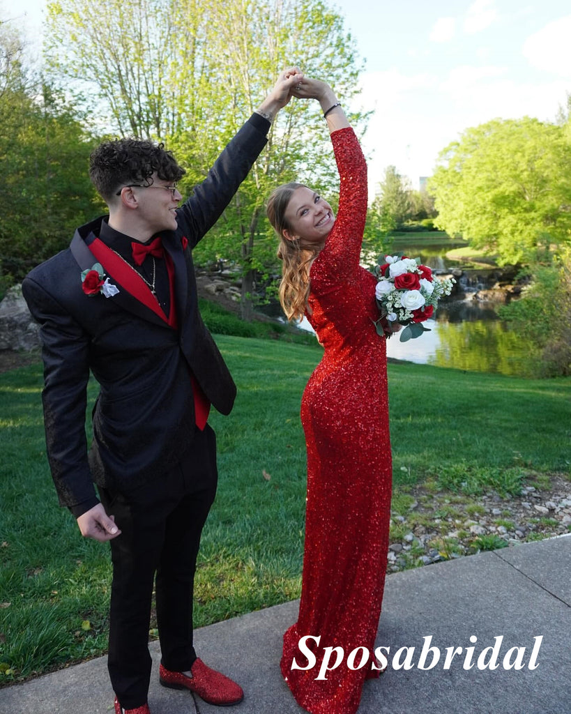 Sexy Red Sequin One Shoulder Long Sleeve Side Slit Mermaid Long Prom Dresses, PD3944