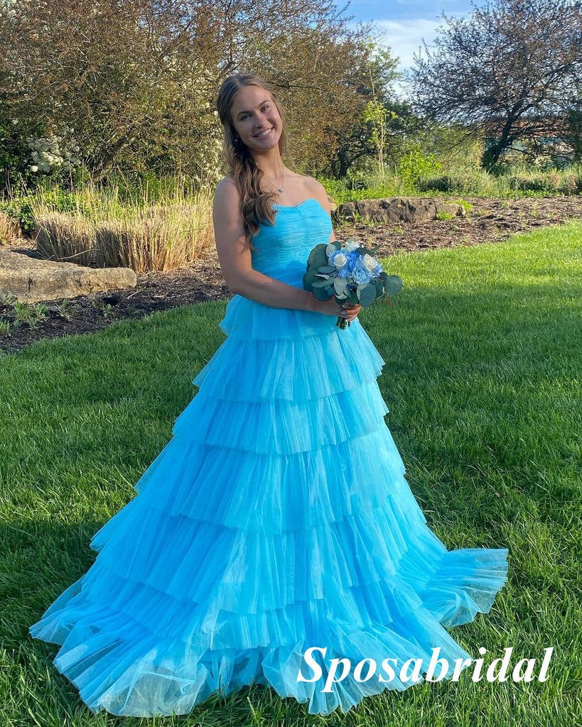 Sexy Blue Tulle Sweetheart Sleeveless A-Line Long Prom Dresses, PD3943