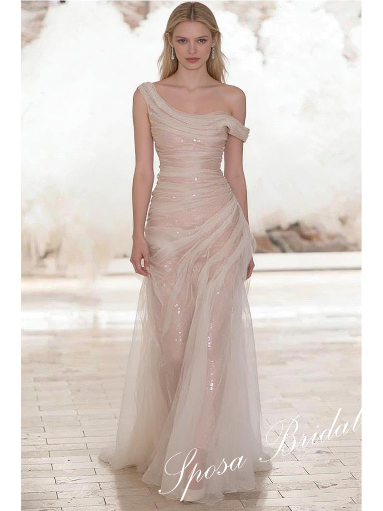 Elegant Asymmetrical Strpas Tulle and Sequin Sleeveless Mermaid Prom Dress, PD4070