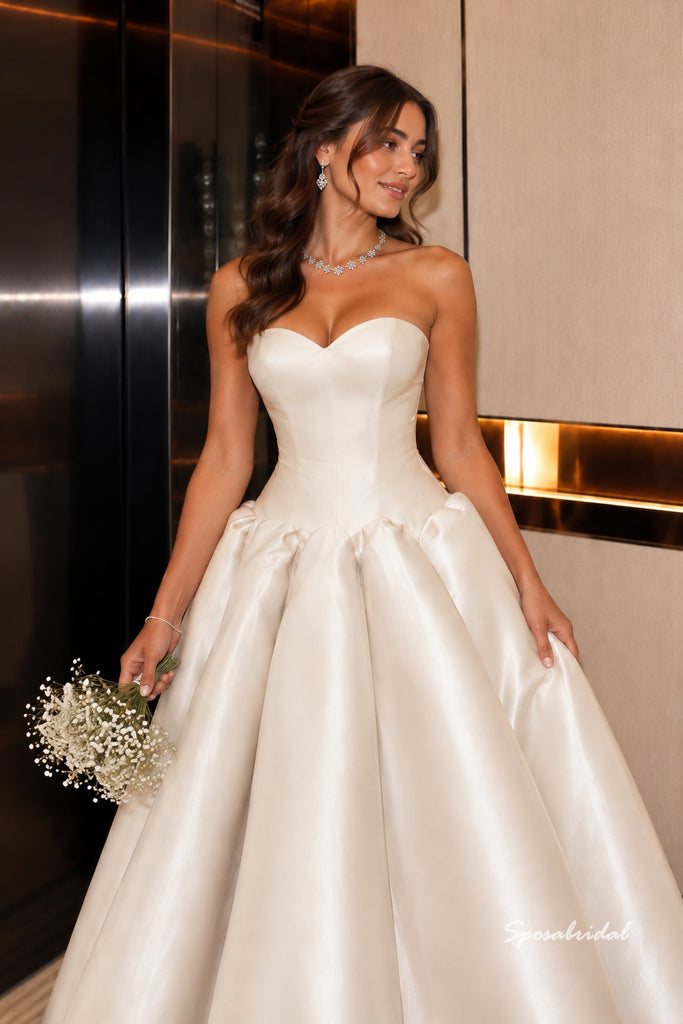 Strapless Sweetheart Satin Ballgown Wedding Dress, Voluminous Puff Skirt Bridal Gown, WD3150