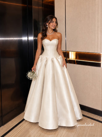 Strapless Sweetheart Satin Ballgown Wedding Dress, Voluminous Puff Skirt Bridal Gown, WD3150