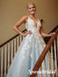 Elegant Tulle And Lace Spaghetti Straps V-Neck A-Line Long Prom Dresses With Applique, PD3857