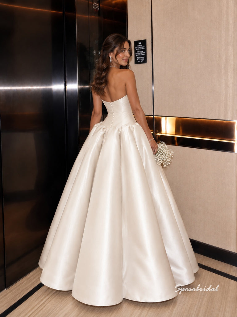 Strapless Sweetheart Satin Ballgown Wedding Dress, Voluminous Puff Skirt Bridal Gown, WD3150