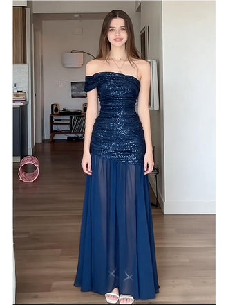 Romantic Navy Blue One Shoulder Sequin Chiffon Evening Gown | Formal Prom Dress, PD4201