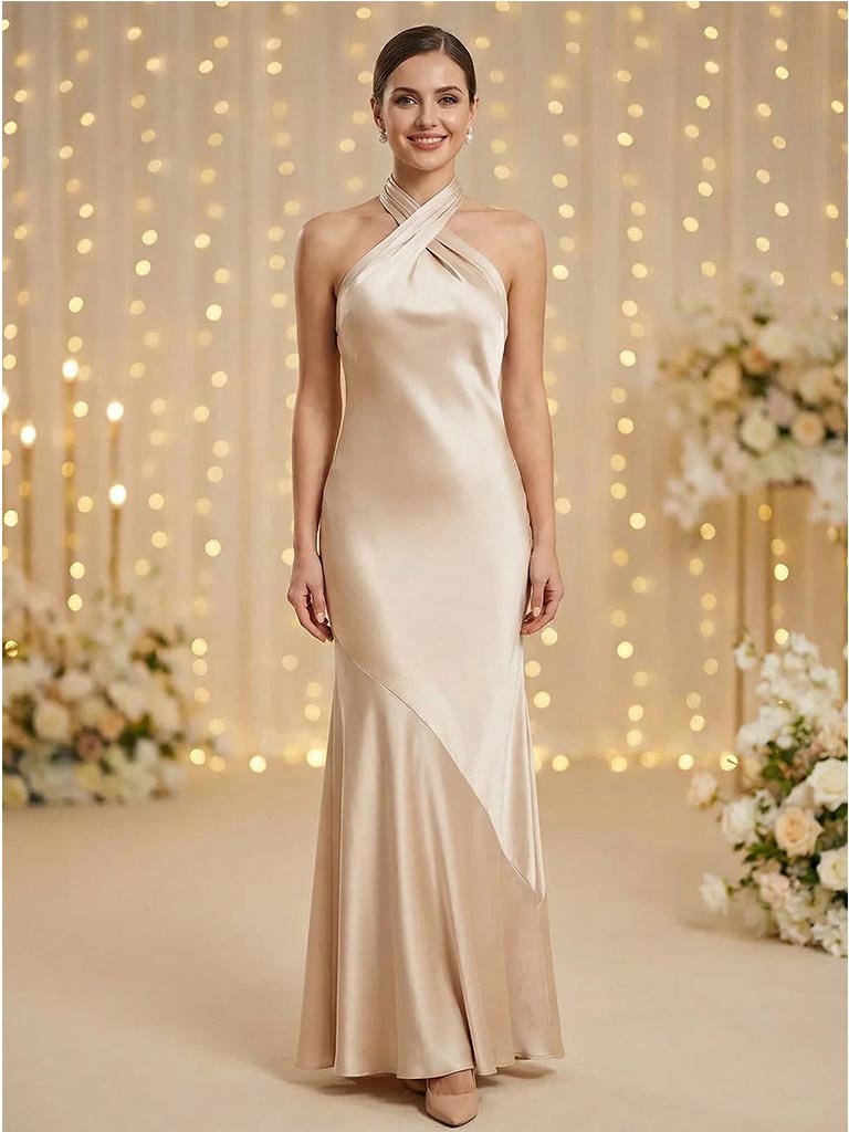 Sexy Halter Soft Satin Sleeveless Floor-Length Mermaid Maxi Mermaid Bridesmaid Dresses, BD3445