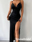 Sexy Black Satin And Lace Spaghetti Straps V-Lace Sleeveless Side Slit Mermaid Long Prom Dresses, PD3743