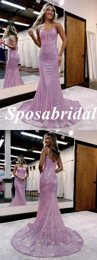 Shiny Charming Spaghetti Straps Mermaid Long Prom Dresses, PD3761