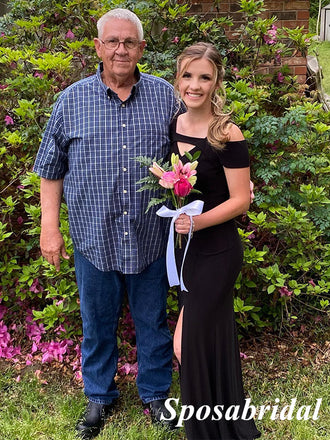 Sparkly Black Crepe Off Shoulder Sleeveless Sied Slit Mermaid Long Prom Dresses, PD3844