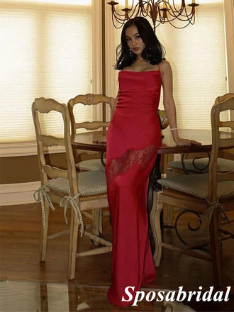 Sexy Soft Satin Spaghetti Straps Sleeveless Side Slit Mermaid Maxi Prom Dress, PD4035