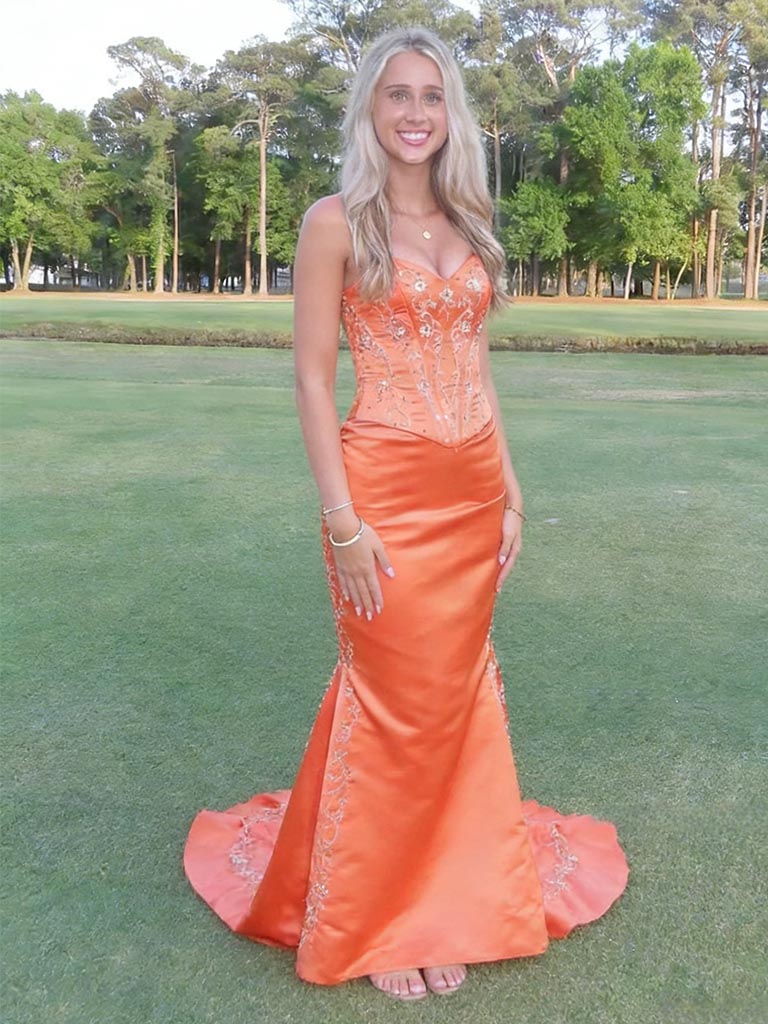 Stunning Orange Soft Satin Sweetheart Embellished Mermaid Prom Dress Corset Back Formal Gown, PD4170