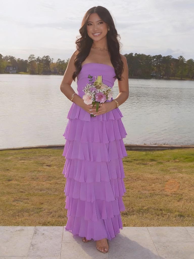 Lavender Purple Strapless Tiered Ruffle Maxi Dress for Prom & Formal Events, PD4126