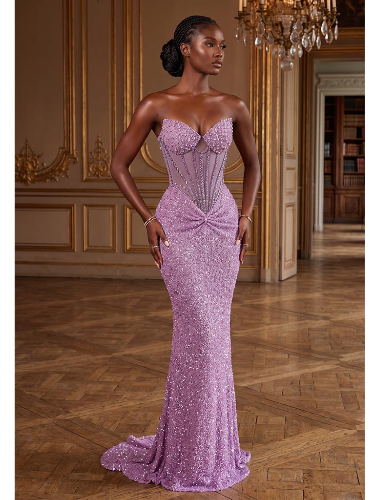Lavender Sequin Strapless Mermaid Gown With Sheer Corset Bodice, PD4240
