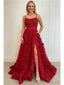 Sexy Tulle Lace Spaghetti Straps Square Side Slit A-Line Floor Length Prom Dress, PD4118