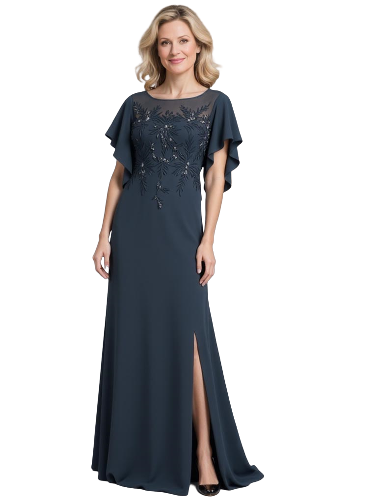 Chic Dark-Navy Chiffon Flutter Sleeves Embroidered Mother of the Groom Dress | Flowy Long Formal Gown, SFM015