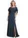 Chic Dark-Navy Chiffon Flutter Sleeves Embroidered Mother of the Groom Dress | Flowy Long Formal Gown, SFM015