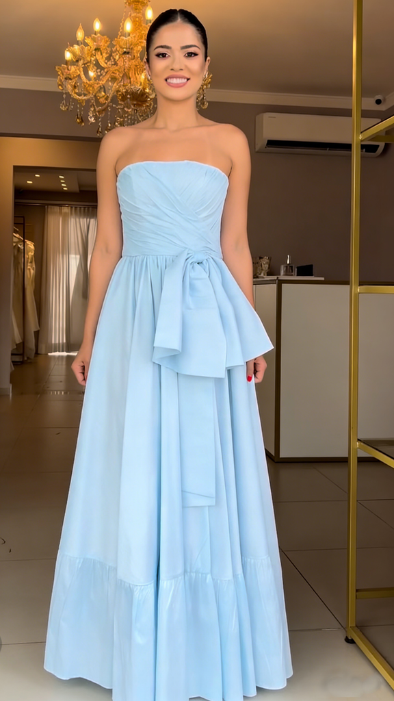 Elegant Satin Sweetheart Sleeveless A-Line Maxi Prom Dress with Bow, PD4046