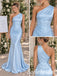 Mismatched Elegant Light Blue One Shoulder Satin Mermaid Bridesmaid Dress With Ruched Bodice, BD3481