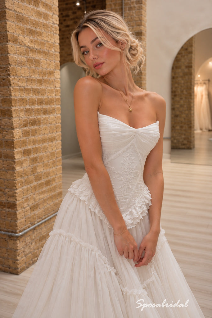 Strapless Sweetheart Tulle Wedding Dress, Lace Applique Corset Tiered Ruffle A-Line Bridal Gown,WD3140