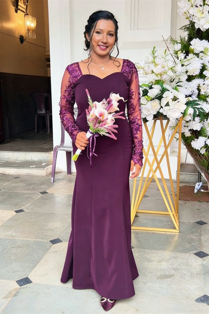 Elegant Lace Long Sleeves Floor-Length Mermaid Maxi Mermaid Bridesmaid Dresses, BD3410