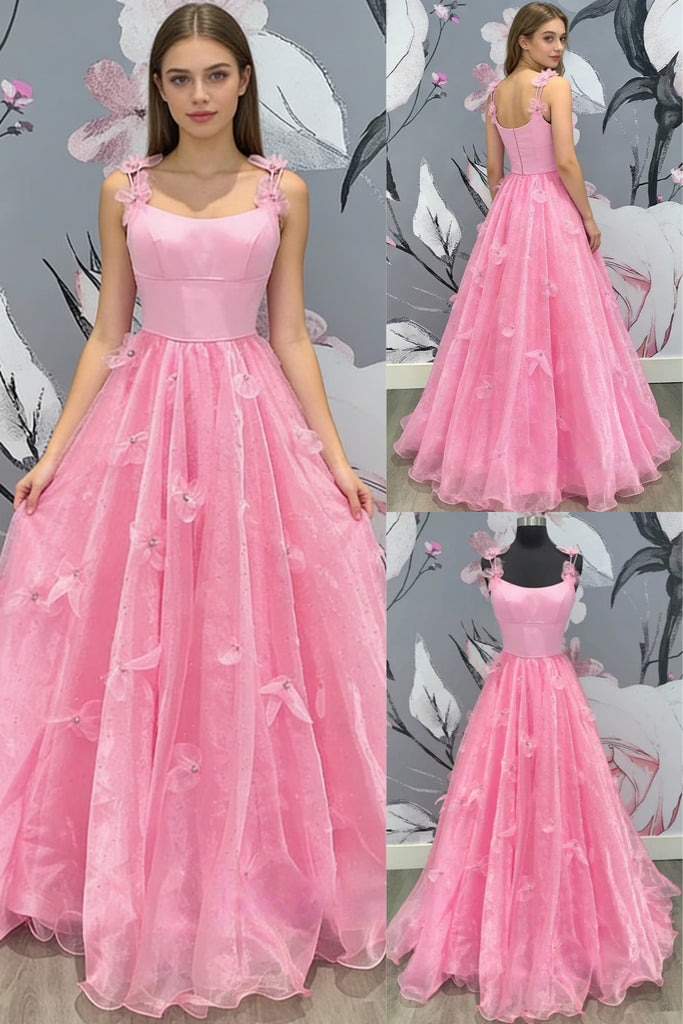 Sexy Satin Top Spaghetti Straps Sleeveless Organza Bottom A-Line Floor Length Prom Dress With Appliques, PD4107