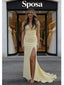 Pale Yellow Jersey Cowl Mermaid Gown High Slit Sexy Wedding Guest Dress, PD4143