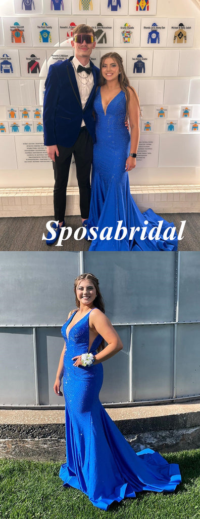 Sexy Navy-Blue Soft Satin Spaghetti Straps V-Neck Mermaid Long Prom Dresses, PD3945