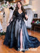 Elegant Black Tulle Long Sleeves A-Line Long Prom Dresses With Applique, PD3809