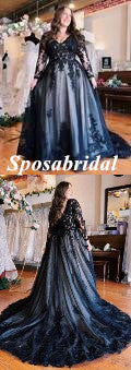 Elegant Black Tulle Long Sleeves A-Line Long Prom Dresses With Applique, PD3809