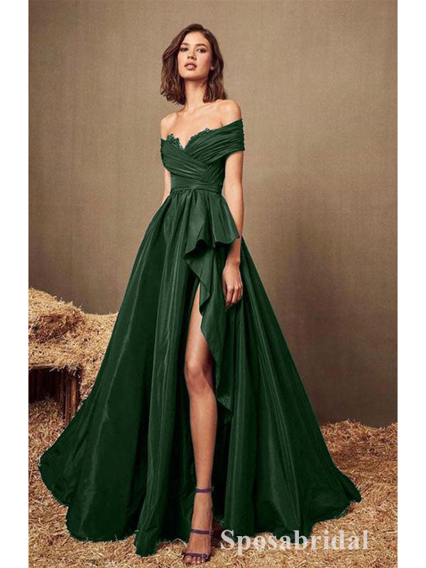 Sexy Satin Off Shoulder V-Neck Sleeveless Side Slit A-Line Long Prom Dresses,PD3708