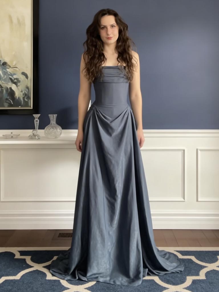 Dusty Blue Strapless A-Line Formal Dress Draped Bodice Floor Length Evening Gown, PD4171