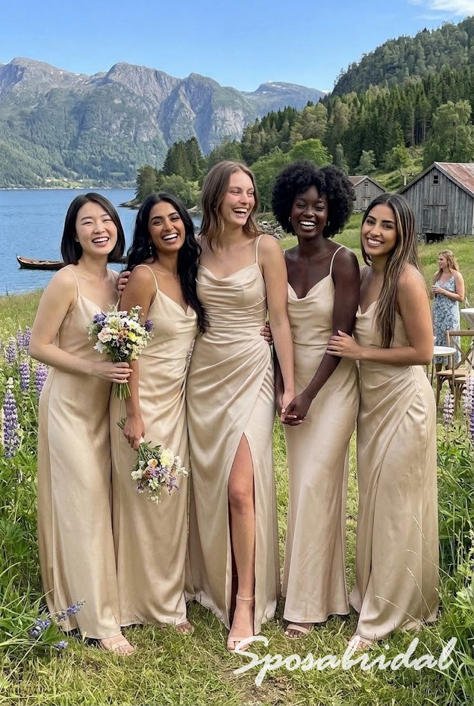 Champagne Satin Spaghetti Strap Cowl Neck Ruched Side High Slit Floor Length Sheath Formal Bridesmaid Dress,BD3487