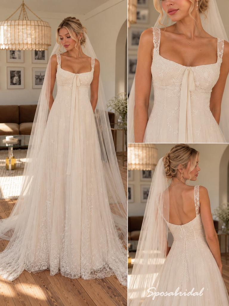 Square Neck Tulle Wedding Dress, Lace Applique Corset Bow Front A-Line Bridal Gown,WD3141