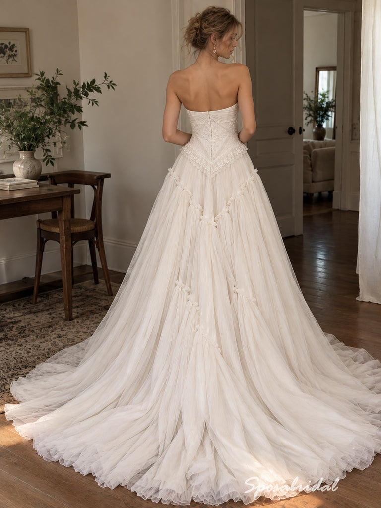 Strapless Backless Tulle Wedding Dress, Lace Applique Corset Ruffle A-Line Bridal Gown,WD3142