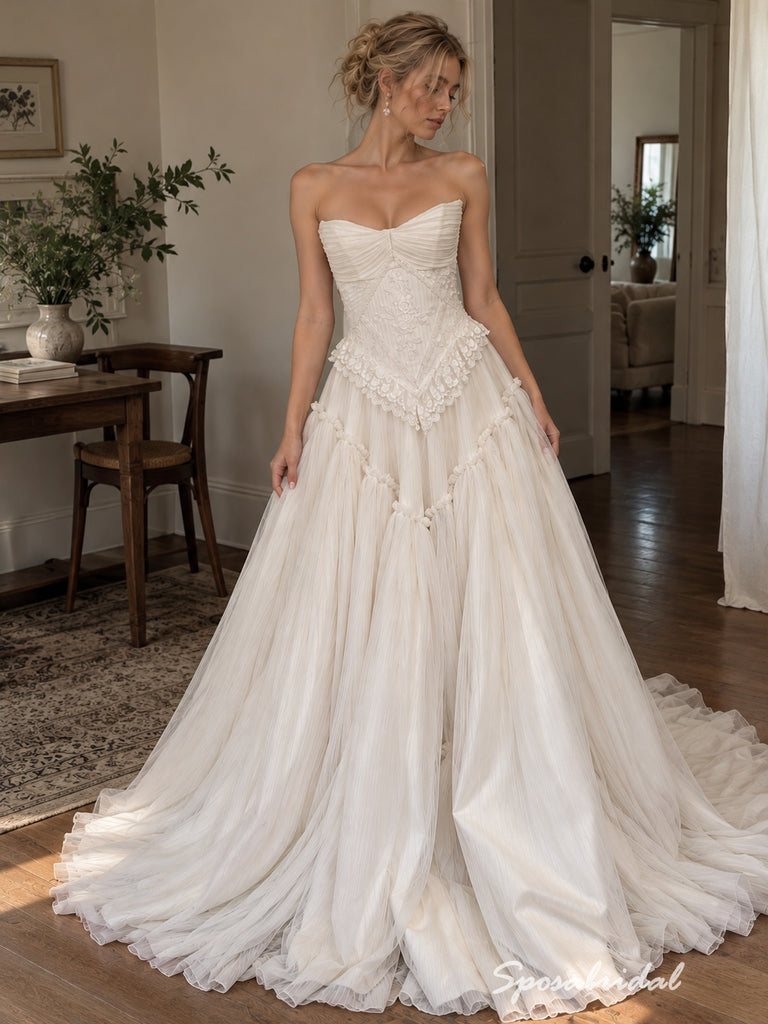 Strapless Backless Tulle Wedding Dress, Lace Applique Corset Ruffle A-Line Bridal Gown,WD3142