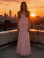 Sexy Tulle Spaghetti Straps V-Neck Lace Appliques Mermaid Floor Length Prom Dress, PD4119