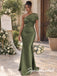 Olive Green Satin Ruched One Shoulder Tulle Sleeve Floor Length Mermaid Bridesmaid Gown, BD3482