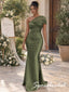 Olive Green Satin Ruched One Shoulder Tulle Sleeve Floor Length Mermaid Bridesmaid Gown, BD3482